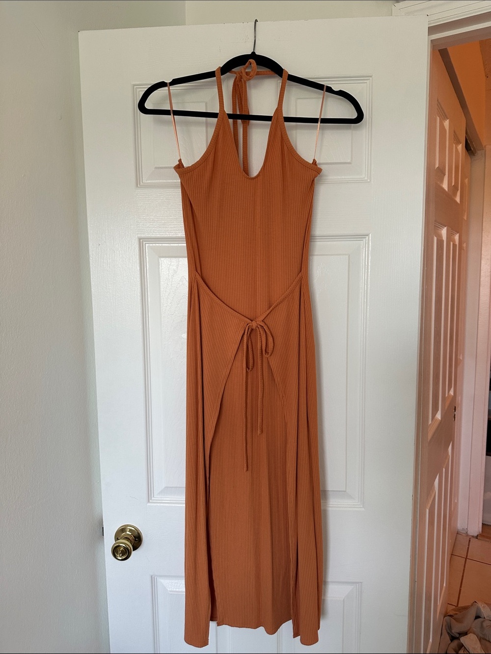 Avec Les Filles Burnt Orange Halter Tie Ribbed Midi Dress